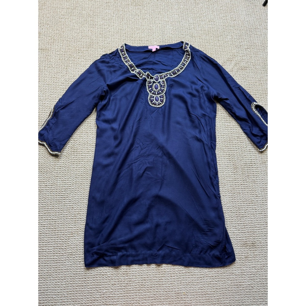 Lilly Pulitzer Navy Blue Embroidered Tunic Dress Size L 3/4 Sleeve Beaded